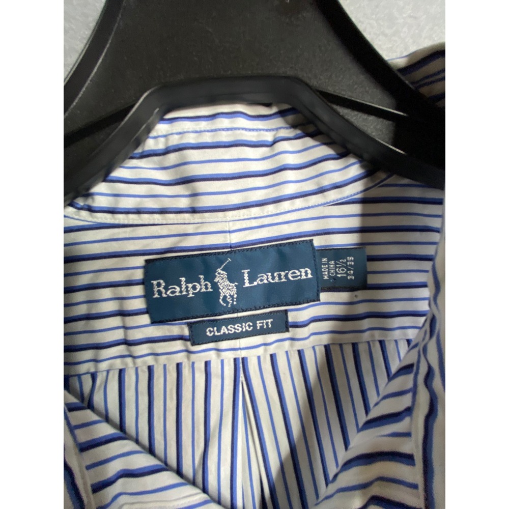 Ralph Lauren Classic Fit Blue White Stripe Button Down Shirt Size 16 1/2 34/35 - Picture 2 of 8